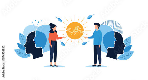 Couple faces each other while symbols of mental health and shared understanding radiate from a bright sun between them.