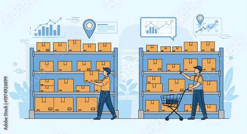 Professional warehouse staff manage inventory and logistics using carts and scanners while monitoring data on digital charts.