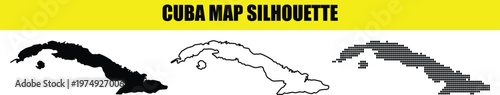Cuba map silhouette vector set including solid outline and halftone pixel styles isolated on transparent background.