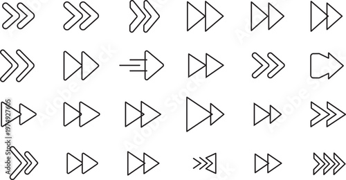 Black flat vector arrow icons set with various directions and styles, right, straight forward, isolated on a white background.