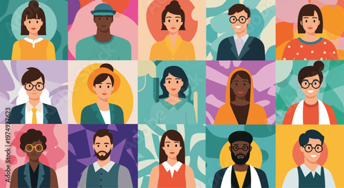 Diverse grid of stylized human avatar portraits representing various ethnicities, ages, and professions for social profiles.