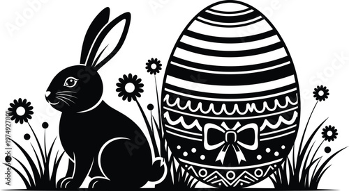 Title easter bunny and egg illustration a springtime delight in black and white description a charming black and white illustration