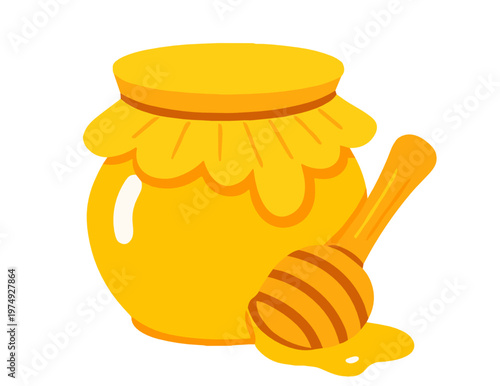 Golden honey jar with wooden dipper in cute flat vector style. Sweet food icon isolated on transparent background, ideal for organic products, beekeeping, and farm branding.