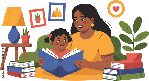 Mother and daughter reading a book together on a couch surrounded by books story