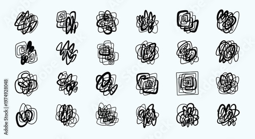 Abstract black scribble art grid a collection of chaotic line drawings