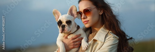 Female caucasian adult woman holding french bulldog at sunset wearing sunglasses outdoors warm portrait