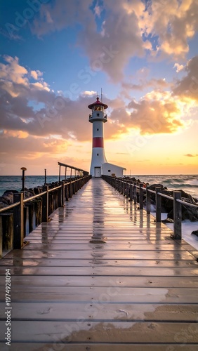 A tall, striped lighthouse guides ships, standing at the end of a wooden pier against a vibrant, cloudy sunset