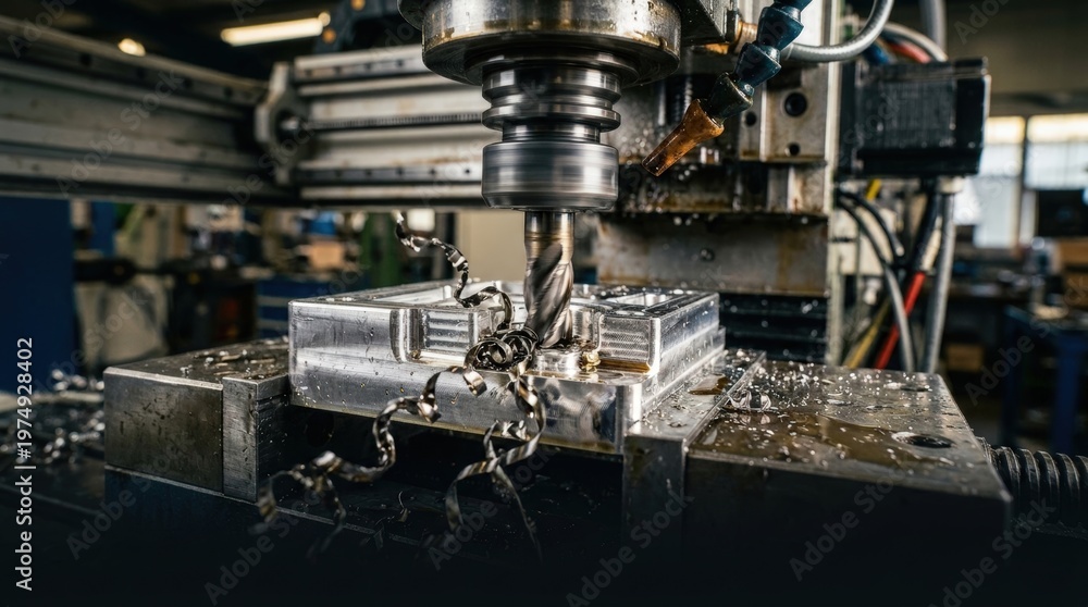 Fototapeta premium Extreme Precision CNC Cutting Tool Carving Metal Block Close-Up
