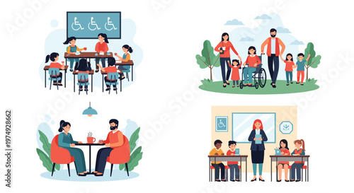 Set of inclusive illustrations showing people with disabilities participating in school, family outings, and social cafes.