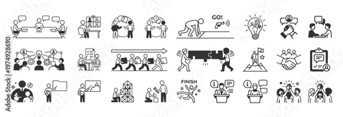 Business Teamwork and Professional Collaboration Linear Icon Set for Corporate Growth and Project Success