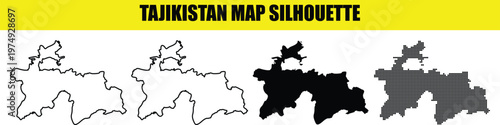 Tajikistan map silhouette vector pack including solid black and halftone dot patterns on transparent grid backdrop.