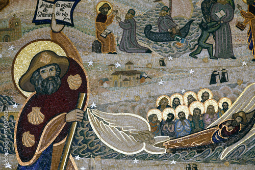 St. James dressed with his pilgrim clothes. Mosaics. Artwork Miss Larissa Perekrestova. Basilica of Fourviere. Lyon. France.