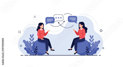 Two young women sit on blue fitness balls and have a friendly conversation with speech bubbles in an abstract setting.