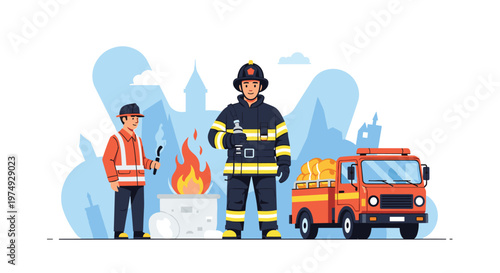 Brave firefighters in uniform stand ready near their red fire truck with a city skyline and flames in the background.