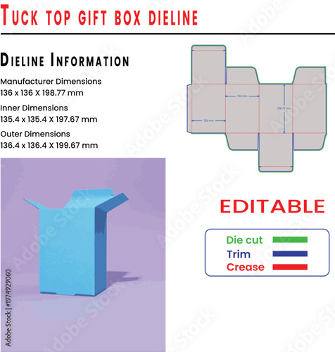 Tuck top gift box dieline and dimensions with editable label packaging template