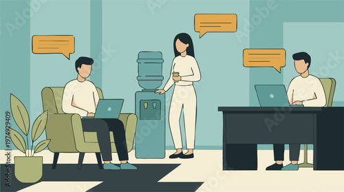 Business people working, collaborating, and taking a break in an office.