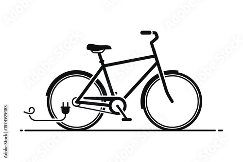 Minimalist black and white illustration of an electric bicycle charging, eco-friendly transportation concept, urban commuting solution.