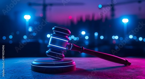 Gavel on a desk with neon lights blue