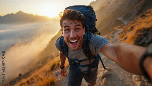 A jubilant hiker captures a handheld vlog selfie atop a mountain ridge at sunrise. Excited male carrying a large backpack smiling breathlessly at the camera, with face glowing with sweat