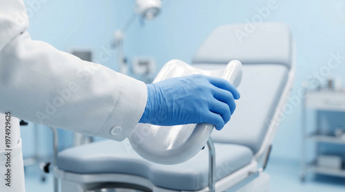 Modern gynecological chair and doctor hand in sterile clinic room