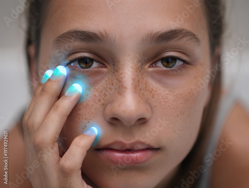 Close-up portrait of a young woman with face full of freckles touching her cheek with fingers tipped in glowing cyan light. Dark hazel eyes look directly to camera with a serious gaze