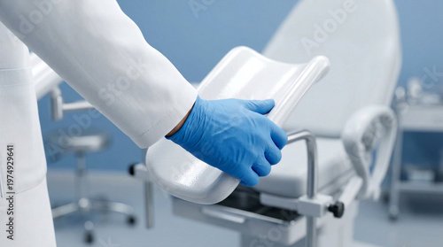 Professional gynecological examination room with specialist doctor hand