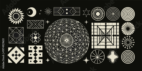Geometric designs and celestial symbols arranged on a dark background