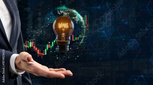 Global business innovation and financial strategy, businessman holding glowing light bulb over particle globe and rising stock market candlestick chart