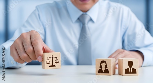 Man in blue shirt placing wooden block with scales of justice next to blocks with people on table