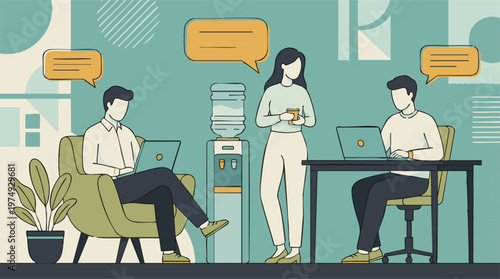 Business people working, collaborating, and taking a break in an office.