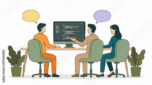 Software developers collaborating on a coding project in a modern office setting