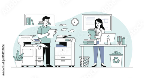 Male and female office workers use modern photocopy machines and printers to prepare important documents for their team.