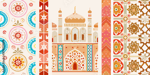 A colorful patterned composition featuring the taj mahal and floral motifs