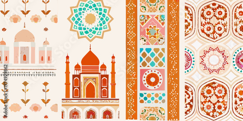 Stylized illustrations of Taj Mahal and Indian floral patterns on a cream background