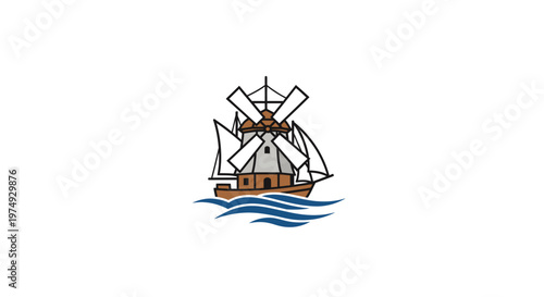 a brown ship with sails and windmill.