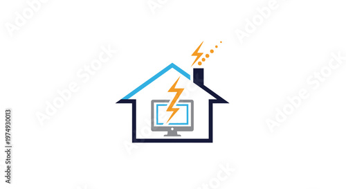 House with computer and lightning bolt.