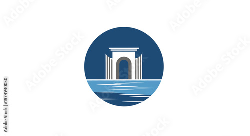 Iconic architectural gateway over water.