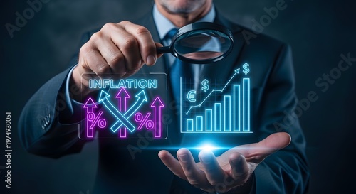 Businessman holding inflation and financial growth graphs suit magnifying glass