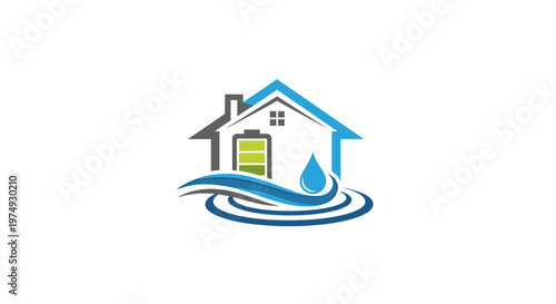 House with blue roof in flood.