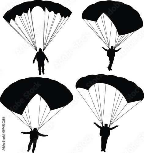 Parachute skydiver silhouette set, parachuting people flying canopy extreme sport isolated vector illustration