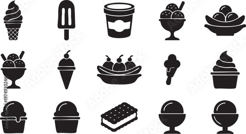 Variety of frozen dessert icons, showcasing ice cream cones, sundaes, popsicles, and other sweet treats