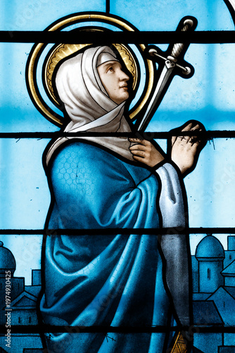  Dominican convent of Bor. Virgin Mary. Our Lady of Sorrows (Mater Dolorosa). Stained glass.  Bor et Bar. France.