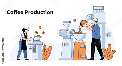 Factory workers operate large specialized machinery for roasting and grinding beans in a modern coffee production facility.