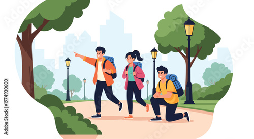 Group of cheerful hikers with large backpacks walk along a park path with a city skyline visible in the distance.