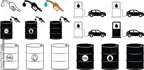 Fuel pump icon set collection group, gasoline, petrol, diesel, oil station symbols, nozzle, dispenser, barrel icons, black silhouette and outline line style vector illustration for energy transport