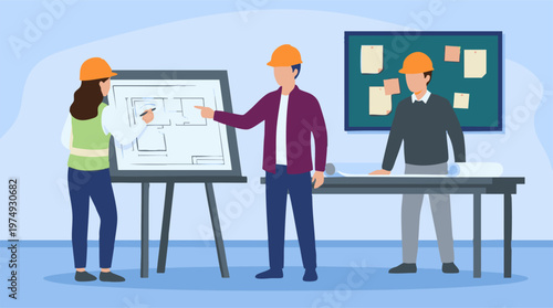 Construction Team Reviewing Architectural Blueprints and Project Plans