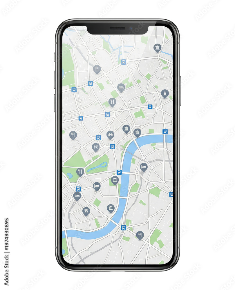Naklejka premium Smart phone displaying a city map app with icons