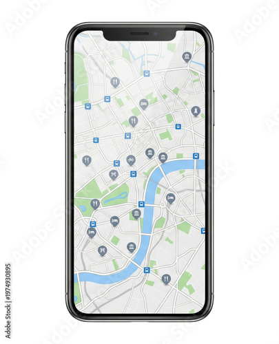 Konstfotografi Smart phone displaying a city map app with icons
