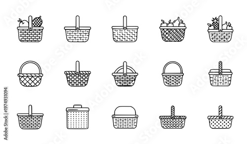 Picnic and Fruit Basket Thin Line Icons Woven Basket Vector Collection