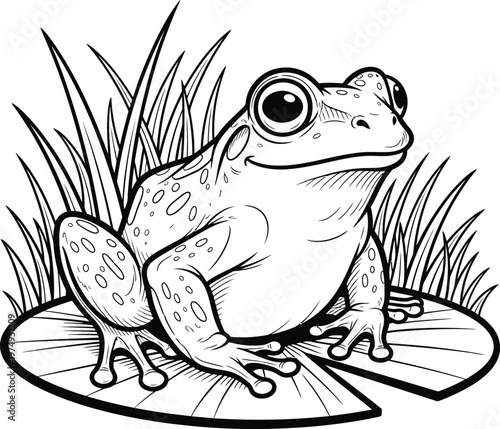 Title a detailed black and white illustration of a frog in natural habitat description a charming black and white illustration depicts a